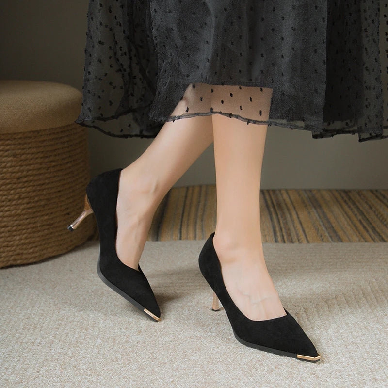 NEW Women's Style Banquet Fashion Light Luxury 6 8cm High Heels Pumps Stiletto Metal Pointed Suede Single Fashion Casual comfort