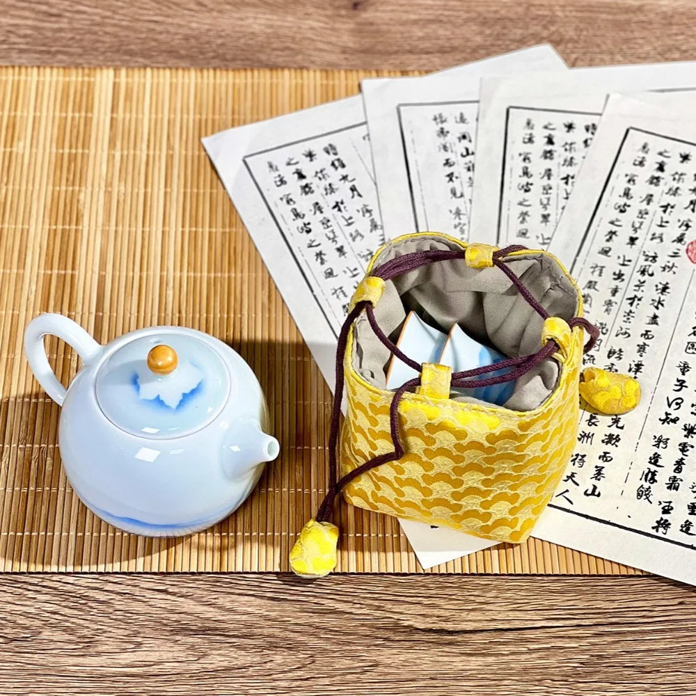 Chinese Style Tea Set Organizer Bag Embroidered Breakage-proof Teacup Drawstring Cloth Pouch Tea Ceremony Accessories