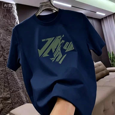 Summer New Trendy Brand Heavyweight 100% Cotton Men's Crew Neck Short Sleeve T-shirt Fashion Casual Print Versatile Top