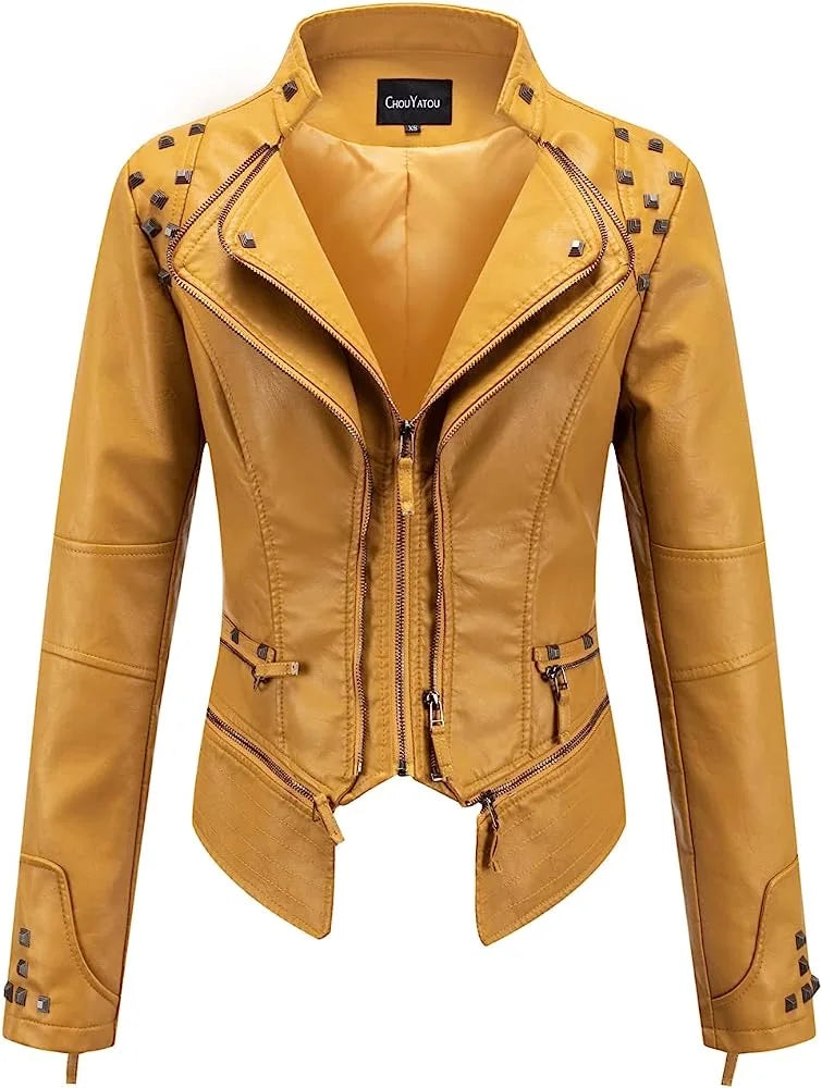 2025 Spring Women PU Leather Jacket With Suit Collar And Rivet Waist
