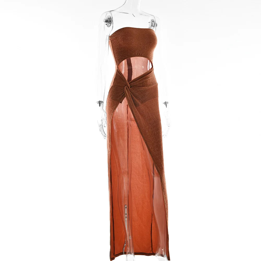 Cryptographic Summer Sexy Strapless Cut Out Slit Maxi Dress Elegant Outfits for Women Sleeveless Glitter Twist Dresses Vestido