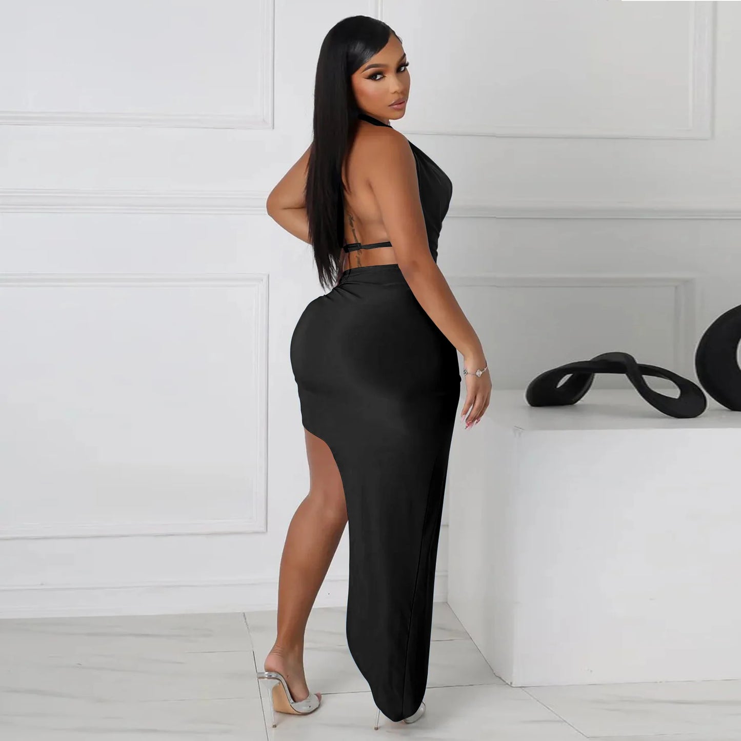 CM.YAYA Women's Set Halter Neck Backless Crop Top High Side Split Slim Maxi Skirts Suit 2025 Beach Sexy Two 2 Piece Sets Outfits