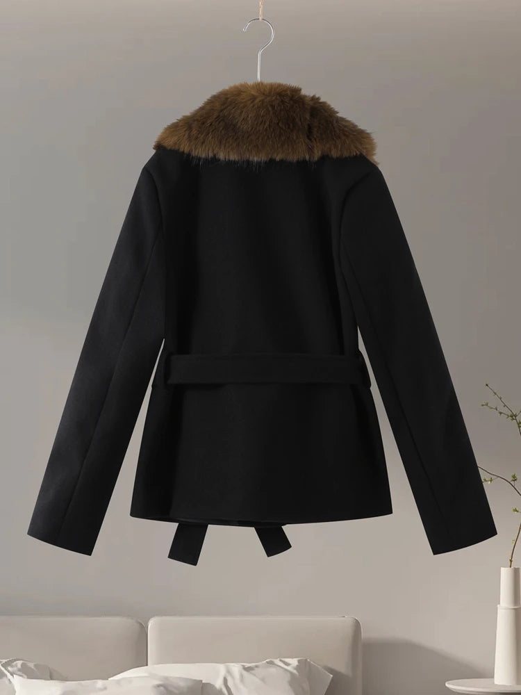 Faux Fur Collar Lace Up Woolen Overcoat Women Elegant Full Sleeve Waist Cinching Autumn Winter Bomber Coats Chic Lady Outerwears