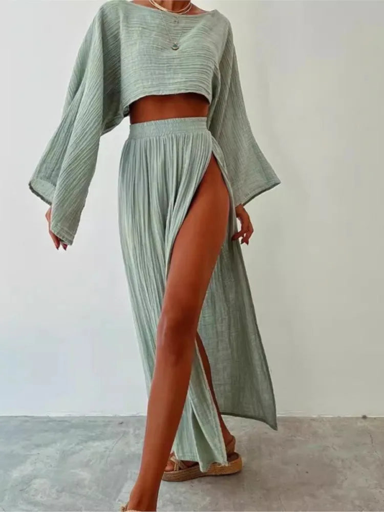 Casual Holiday Style Simple Solid Color Skirt Set Linen Blended Short Top High Waist Chic Split Cotton Linen Two-piece Set