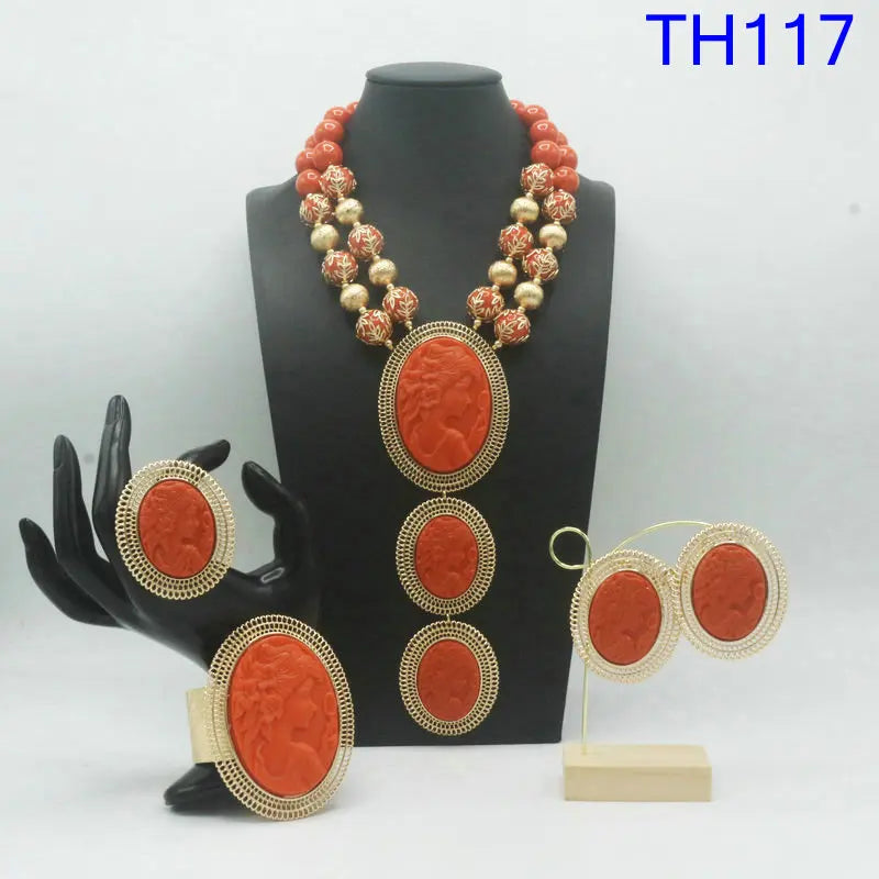Coral Beads Jewelry Set Nigerian Wedding Bridal Gold Plated African Jewelry for Black Women