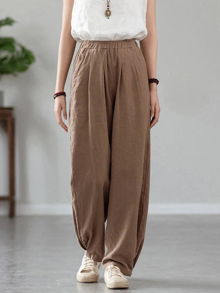 Johnature Women Loose Cotton Linen Casual Pants Solid Color Elastic Waist Lantern Pants 2025 Spring New Female Trousers