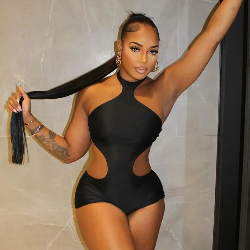 New European and American Style 2026 Women's Sexy Spicy Girl Hanging Neck Exposed Back Tight Shorts Hollow Jumpsuit Ins
