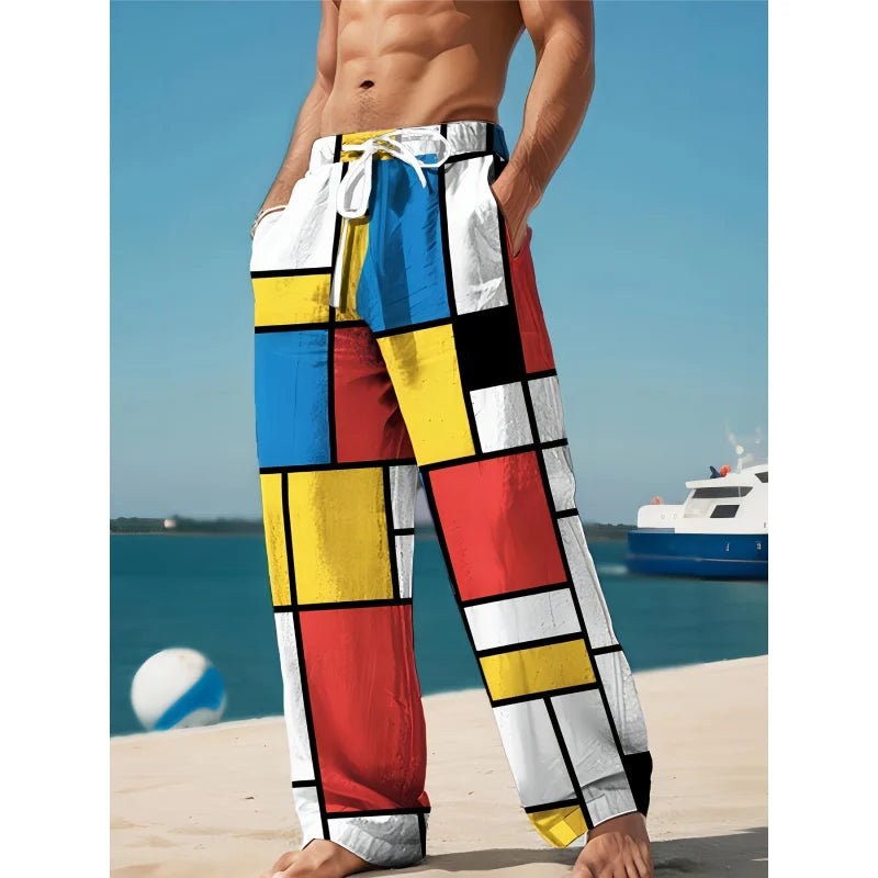 Mens Drawstring Trousers Relaxed Comfortable Geometric Patterned 3D Print Loose Fit Pants Elastic Waist Casual Summer Daily Wear