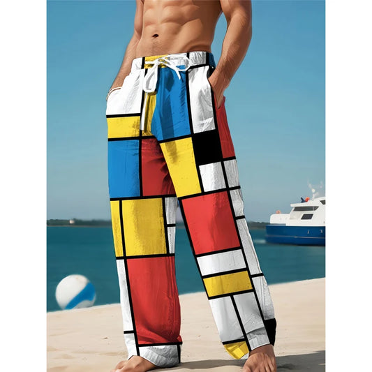 Mens Drawstring Trousers Relaxed Comfortable Geometric Patterned 3D Print Loose Fit Pants Elastic Waist Casual Summer Daily Wear