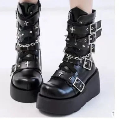 New Gothic Style Platform Vampire Cosplay Women Mid-calf Boots 2025 Winter Wedges Comfy Women Motorcycle Boots Shoes