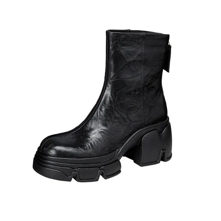 NEW Autumn Women Boots Genuine Leather Shoes for Women Round Toe Chunky Heel Shoes Concise Zip Platform Boots Soft Daily Shoes