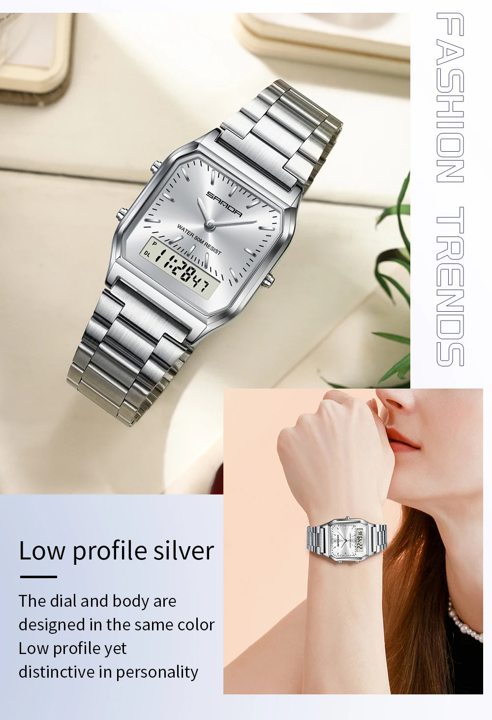 SANDA Men's and Women Watch Fashion Watches Business Style Alarm Clock Man Digital Wristwatch Square Dial Stainless Steel Strap