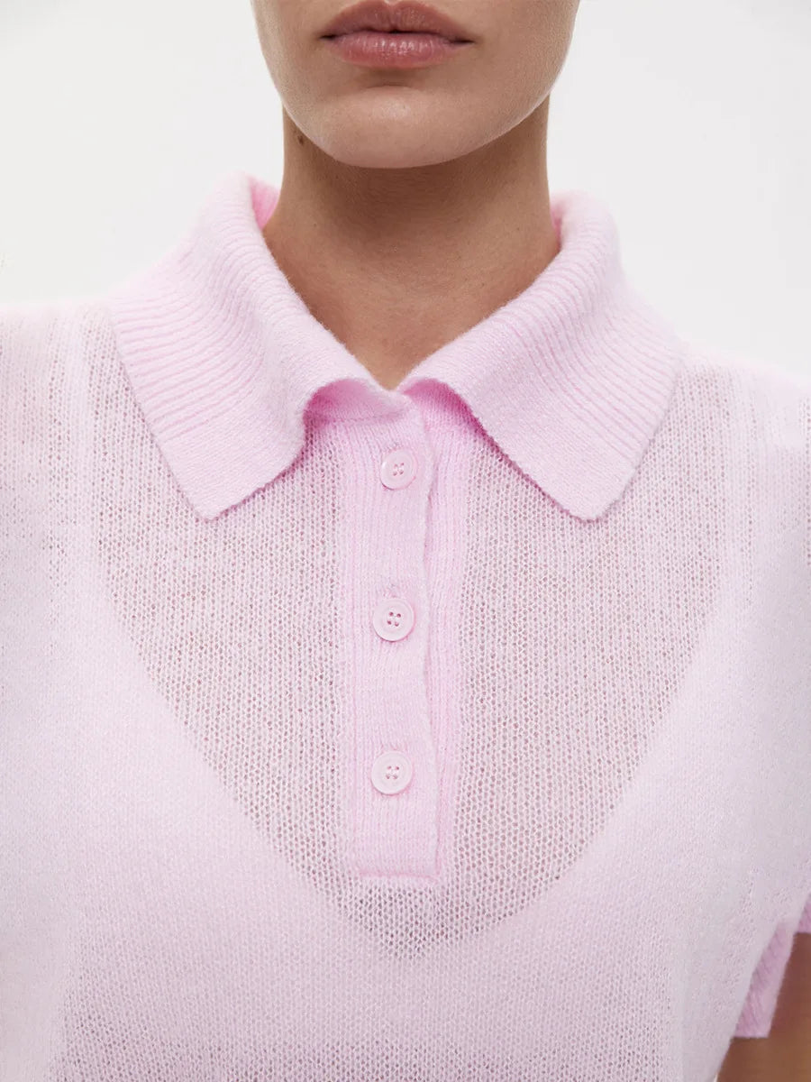 Bronladies Women's Polo Hollow Knitted Short Sleeved Sweater Spring Summer Bubble Sleeve T-shirt Female Simple Knitted Sweater