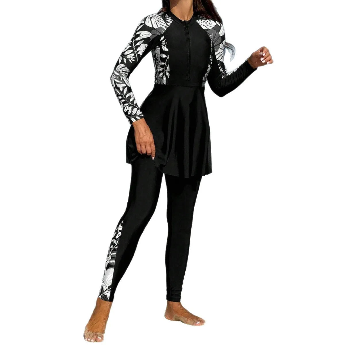 Burkini Femmes Swimwear Long Sleeve Black Tunic Swimsuit Full Leggings Front Zipper Swimming Suit Sun Protection Two Piece