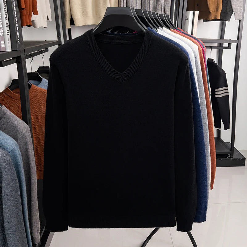 2026 Men's V-Neck Basic Solid Color Sweatshirt Warm Autumn Knitted Oversize Pullover Elastic round Neck Sweater for Casual Wear BAZAARHUBO