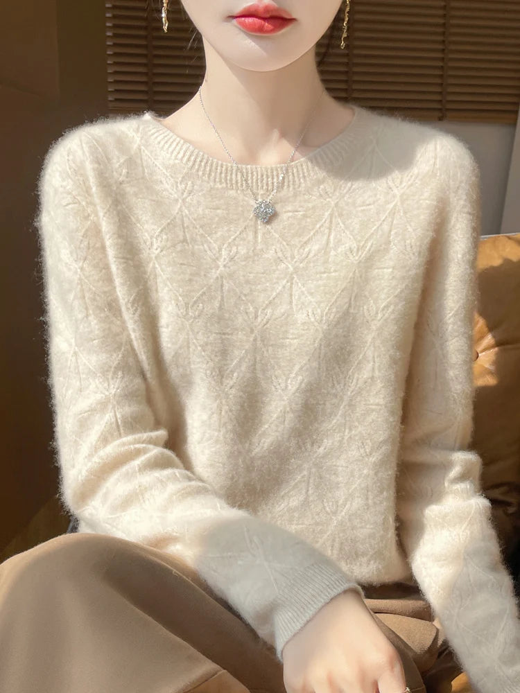 Women 100% Merino Wool Sweater Casual Hollow out Cashmere Blouse O-neck Pullover Tops Autumn Winter Warm Knit Woman Wool Sweater