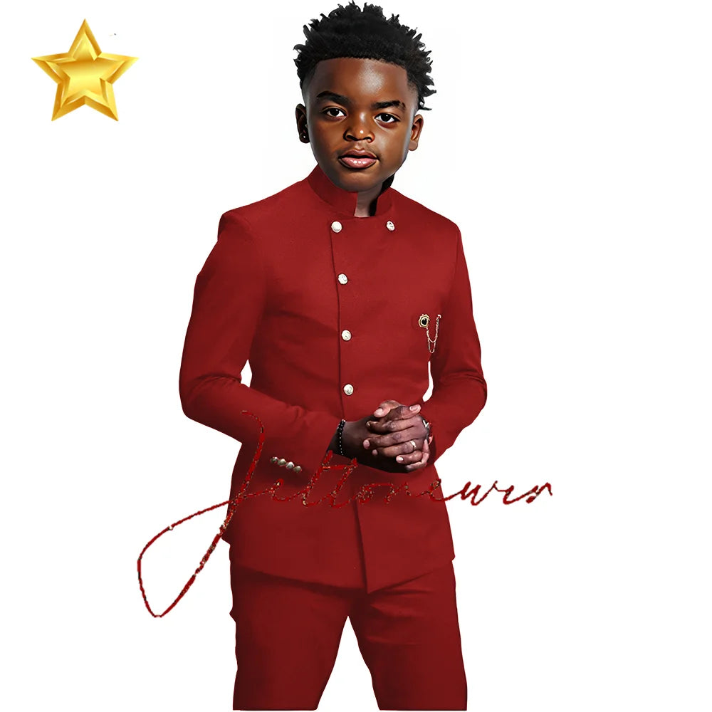 Elegant African Style Boy's Suit Stand Collar Blazer and Pants 2 Piece Casual Business Kids Wear