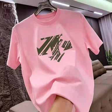 Summer New Trendy Brand Heavyweight 100% Cotton Men's Crew Neck Short Sleeve T-shirt Fashion Casual Print Versatile Top