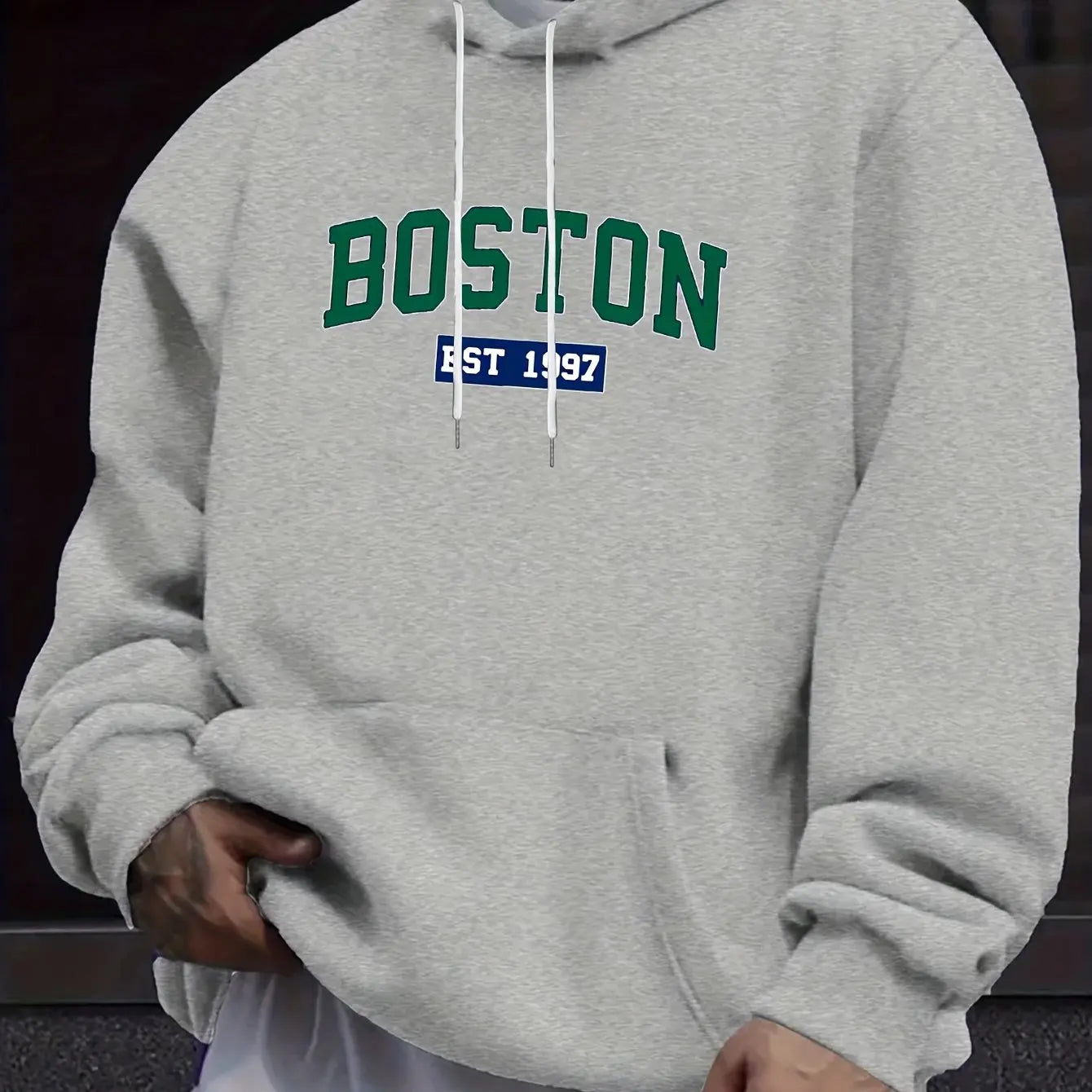 Men's autumn and winter casual fashion loose Boston est 1997 letter printed long sleeved warm hooded pullover