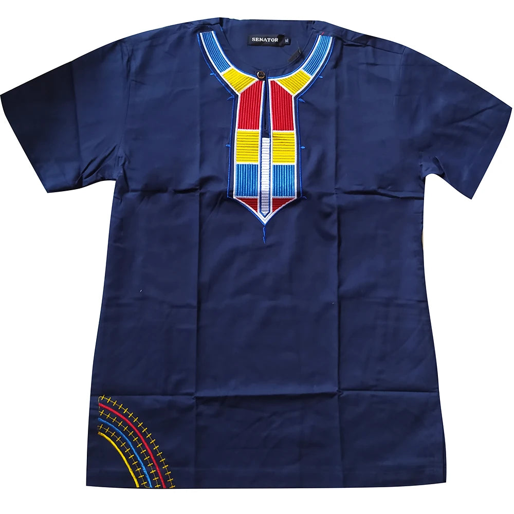 Colorful Embroidery African Men's Shirts Fashion Round Collar Loose Casual Blouse Cotton Tops Short Sleeve Tee Summer 2023