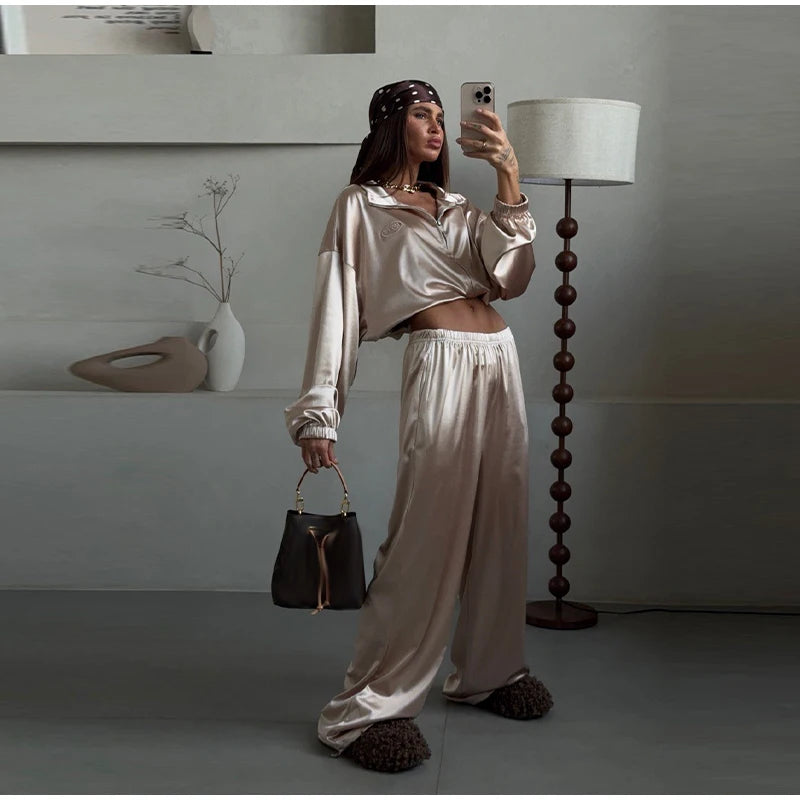 2026 Spring Satin Embroidered Zip-Up Jacket Wide Leg Pants Set Oversized Slouchy Women 2 Pcs Outfit Cool Lady Co-ord Streetwear