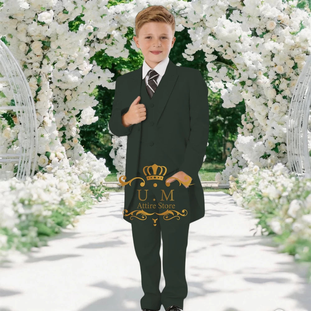 Custom Boys' 3-Piece Tuxedo Set Long Jacket Black Vest Pants Slim Fit Suit for Wedding Birthday Party Children Performances