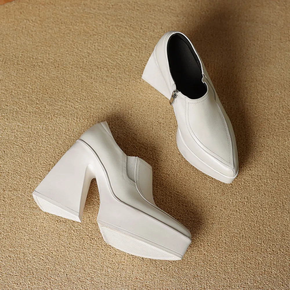 Aucegi New Spring Autumn Women Genuine Leather Pumps Classic Style Pointed Toe Platform Chunky Heel Retro Zipper Handmade Shoes