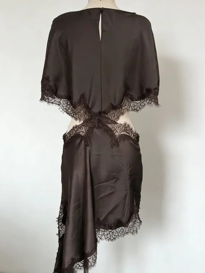 Women Vintage Elegance Knee-length Skirt Lace Edged O-neck Exposed Waist Brown Dress 2025 New Lady Party Club Fashion Clothing