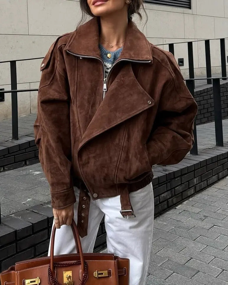 European and American Brown Lapel Irregular Short Loose Jacket Retro Maillard Fashion Casual Top