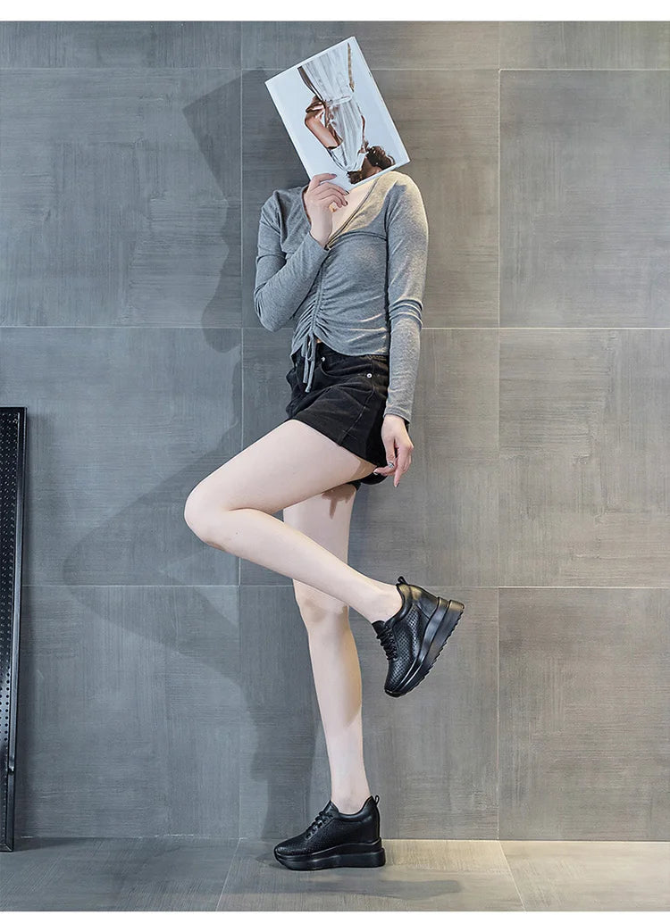 10cm Genuine Leather Women Vulcanize Women Summer Hidden High Heels Platform Wedge Spring Autumn Chunky Sneakers Shoes