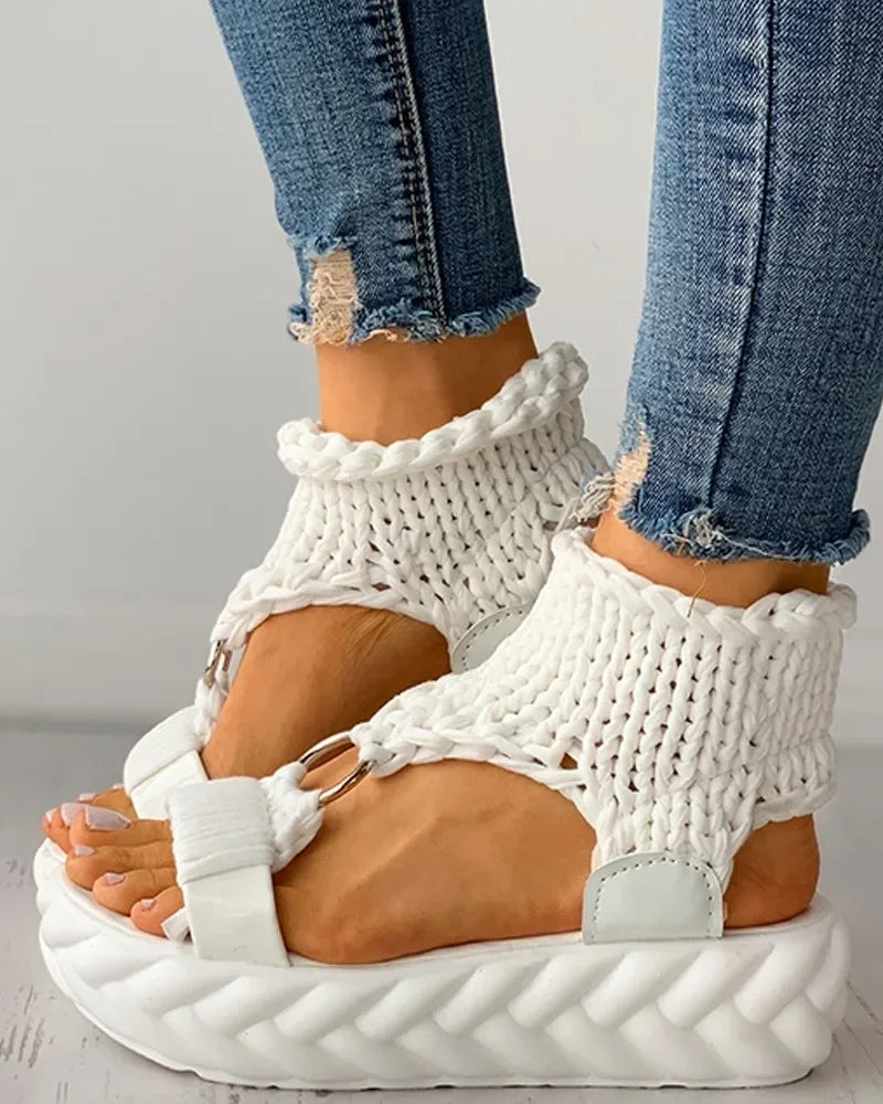 Sandals Women's Braided Knit O-Ring Cutout Platform Summer Gladiator Sandals Shoes Thick Heels Ladies White Sandalias Casual