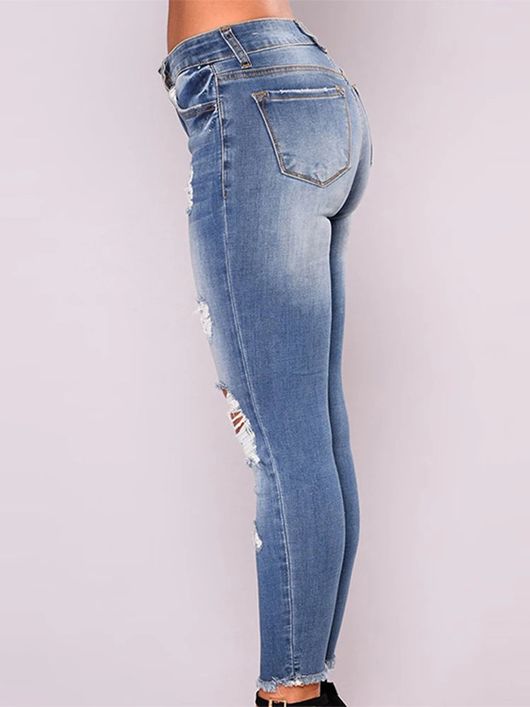 Women Ripped Jeans Low Waist Skinny Denim With Zipper Pockets Blue Y2K Summer