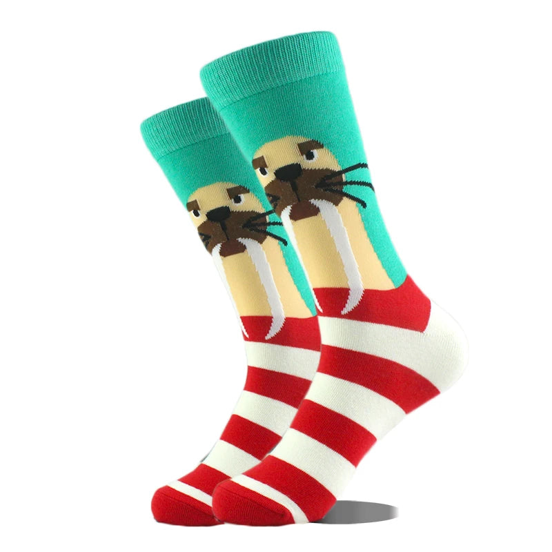 Cool Design Avocado Crew Socks Men Creative Eye Guitar Bus Pattern Sokken Duck Cat Fox Otter Animals Divertidos Chaussette Sox
