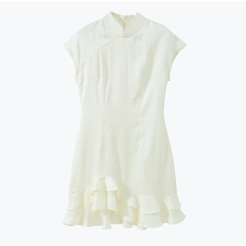 Lady Solid Satin Mini Dress Women Short Sleeve Stand Collar Patchwork Ruffle Draped Dresses Party Dinner Vestido 2026 Elegant