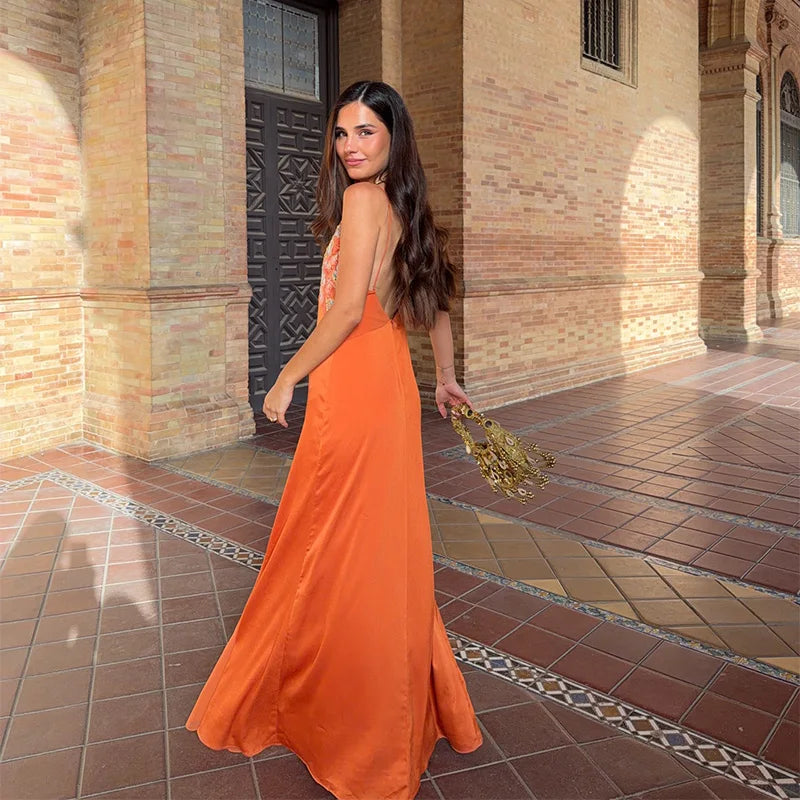 Sexy Women's Sequined Flower Long Orange Sling Dress Deep V Neck Sleeveless Backless Dresses 2026 Summer Holiday Party Robes New