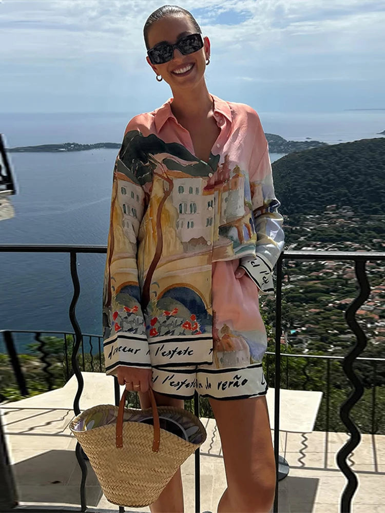 Floral Print Women Two Piece Set With Turn Down Collar Summer Casual Suit