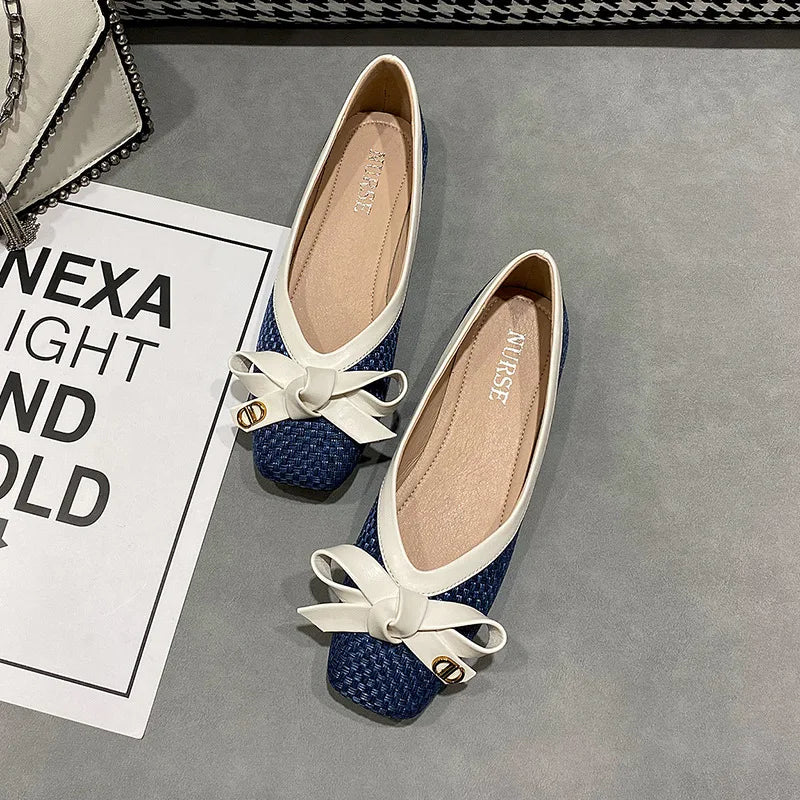 Women's Shoes 2025 New Woven Bow Square Toe Women's Ballet Flats Female Soft Sole Large Fashion Women's Shoes Chaussure Femme