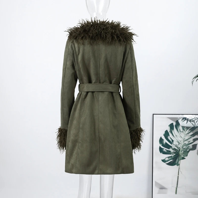 Vintage Patchwork Women's Faux Fur Trim Coat Urban Lapel Full Sleeve Female Jacket Female 2026 Autumn Winter Lady Streetwear New