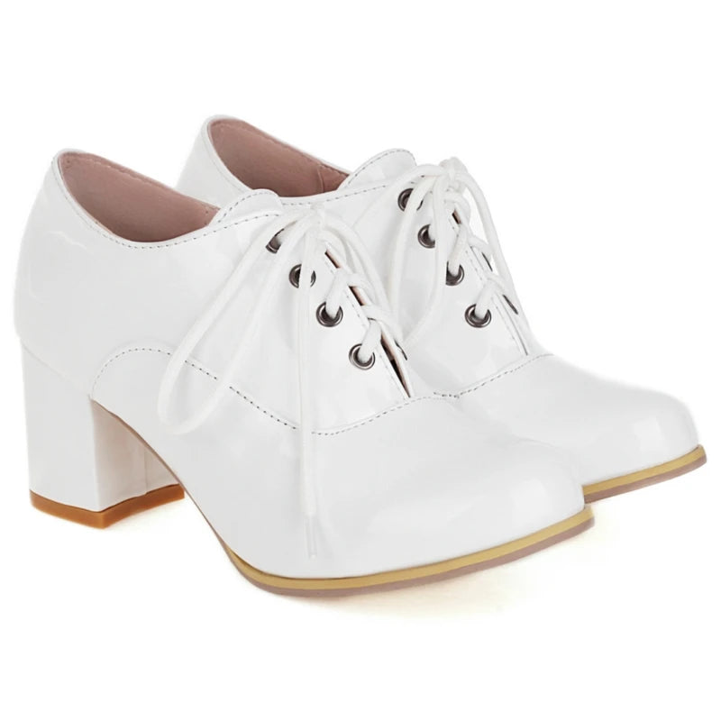 Women's Purple High Heels Loafer Shoes Fashion Lace-up Black White Block Heeled Party Wedding Office Shoes Female Big Size 45