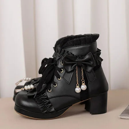 Lolita Great Quality Block High Heels Women Ankle Boots White Shoes Lace Decor Lace Up Chunky Heeled Bow Boots for Women Verclo