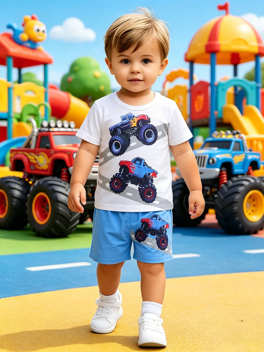 Daily Casual Set Boys Cartoon Print Short Sleeve Blue Color Block Loose Shorts