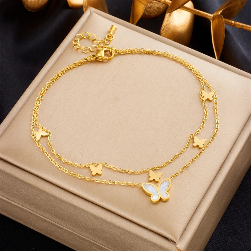 DIEYURO 316L Stainless Steel 2-Layer Butterfly Charm Anklets For Women Girl New Fashion Leg Chain Non-fading Jewelry Gift Party