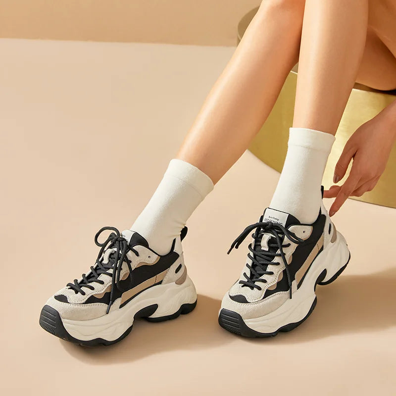 BeauToday Casual Sneakers Women Suede Leather Breathable Mesh Mixed Color Thick Sole Platform Shoes Ladies Flats Handmade 29430