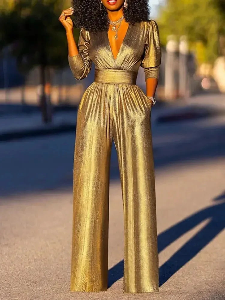 Uoozee Female Fashion Sexy Deep V-neck High Waisted Wide Leg Jumpsuits 2025 New Long Sleeves Solid Color Loose Party Outfits BAZAARHUBO