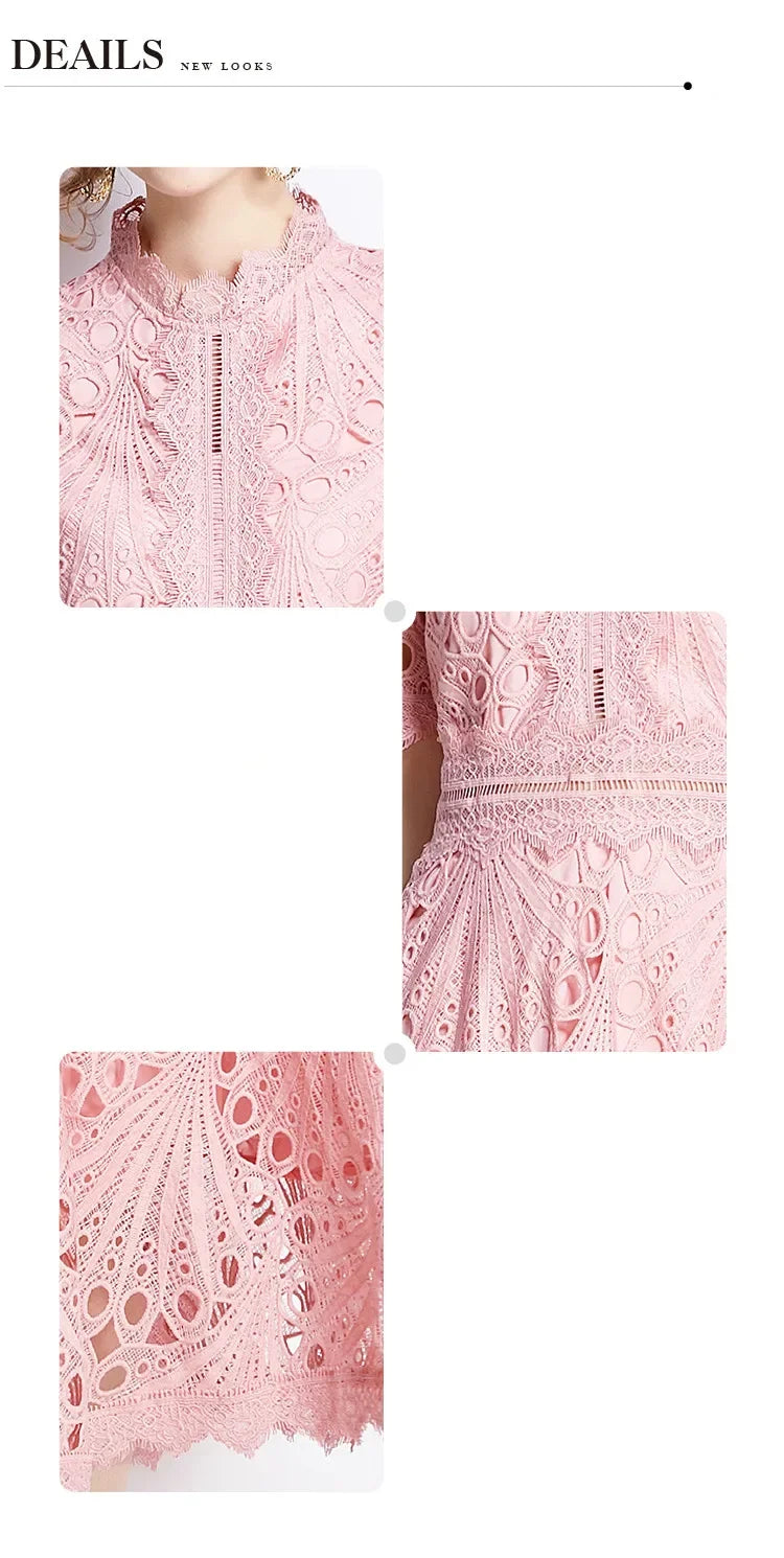 SMTHMA Vintage High-End O-Neck Short Sleeve Lace Hollow Out Dress For Women's Summer Slim Elegant Long Dress Female Clothing