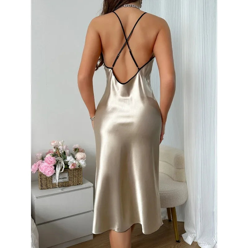 Women's Sexy Fashion 2 Piece Pajama Set  V-Neck Slip Dress with Long Robe Sleepwear