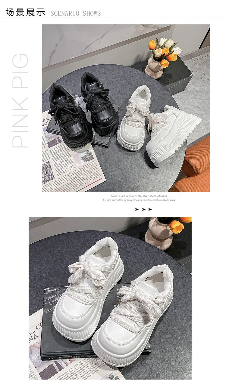 8.5CM New Synthetic Microfiber Leather Women Platform Wedge Ladies Chunky Sneakers 2024 High Brand Fashion Vulcanize Pumps Shoes