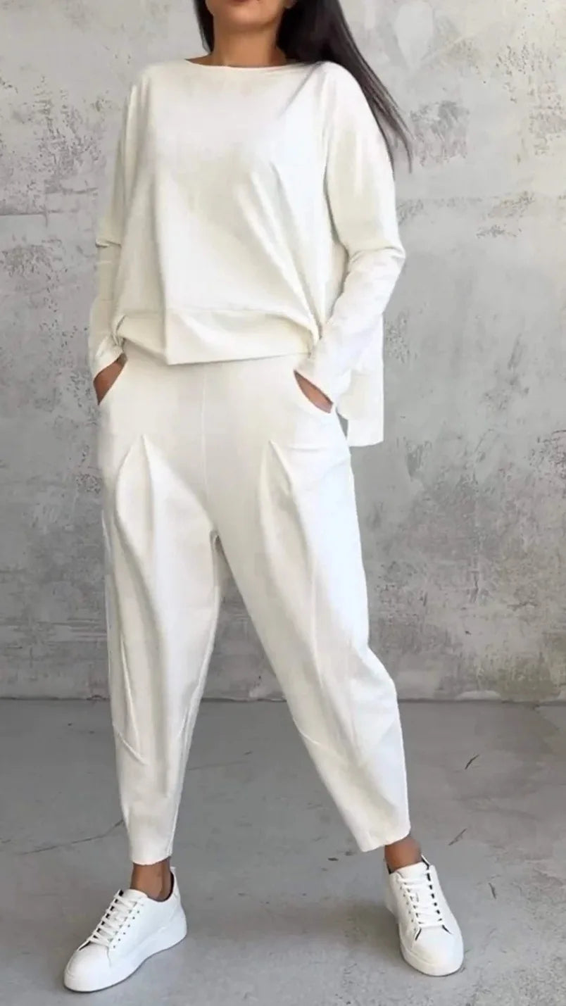 Tracksuits Women's Trousers Suit O-neck Long Sleeve Loose T-shirt Solid Color Trousers Pocket Simple 2-piece Set Loungewear