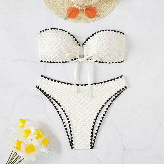 White Swimwear 2 Piece Strapless Swimsuit Women Sexy Bandeau Backless Bikini Set Lace-up Patchwork Beach Bathing Suit 2025 New