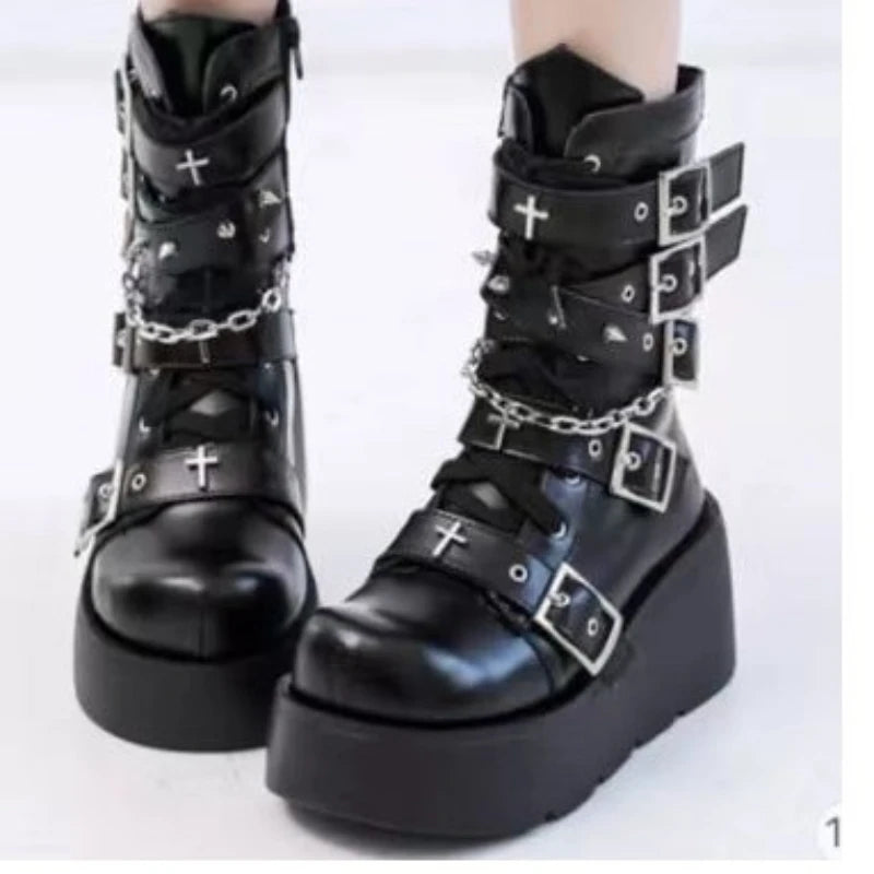 New Gothic Style Platform Vampire Cosplay Women Mid-calf Boots 2025 Winter Wedges Comfy Women Motorcycle Boots Shoes